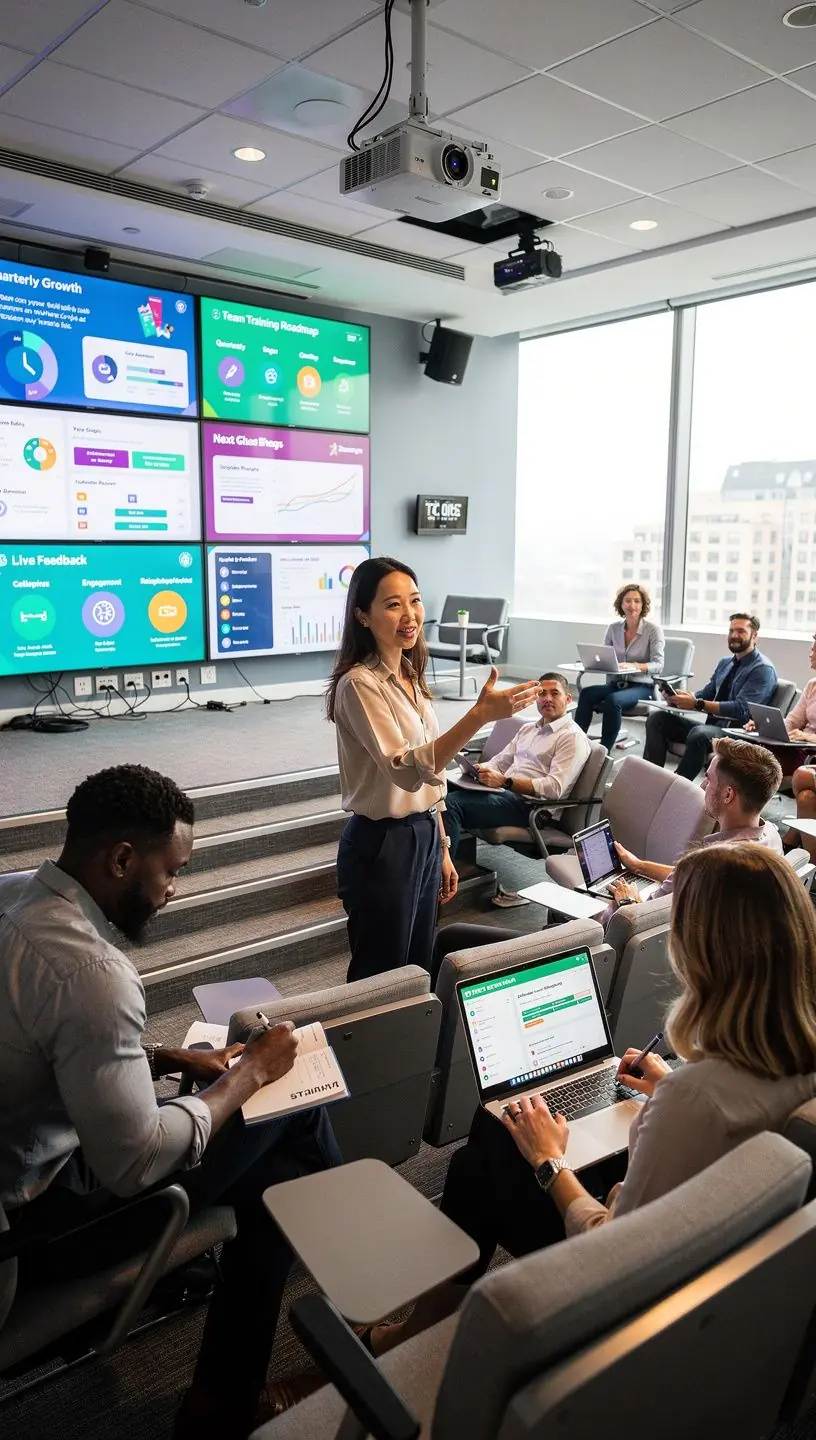 Przestronny hol biurowy z jasnym oświetleniem i roślinami doniczkowymi.