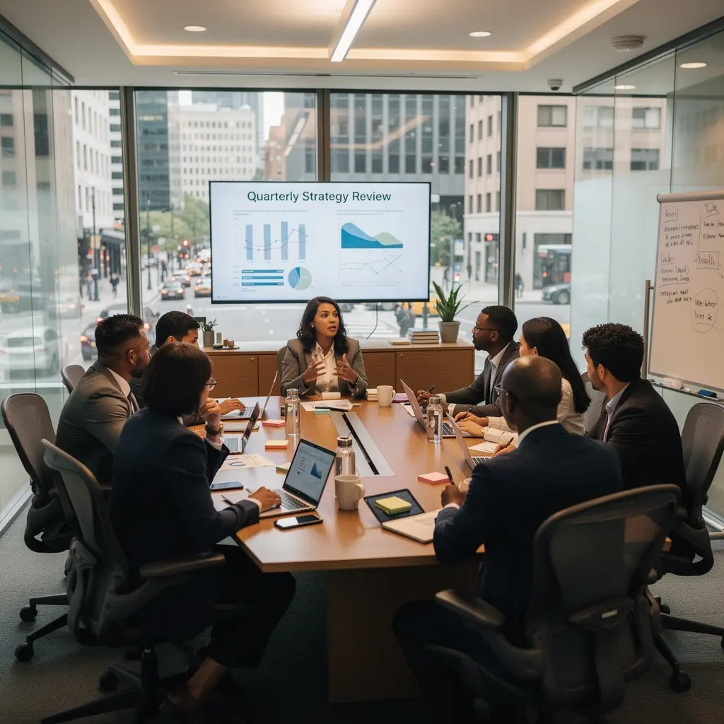 Stylowe wnętrze sali konferencyjnej z dużym stołem i wygodnymi krzesłami.