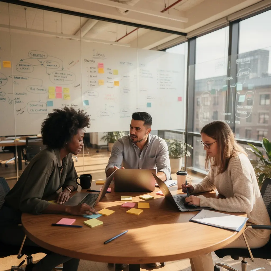Zorganizowana sala spotkań z tablicą do pisania i nowoczesnym sprzętem audio-wideo.