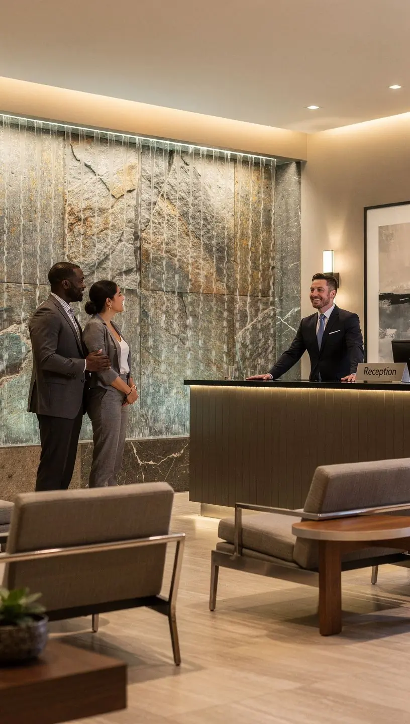 Nowoczesna recepcja z przyjaznym dla gości układem mebli.